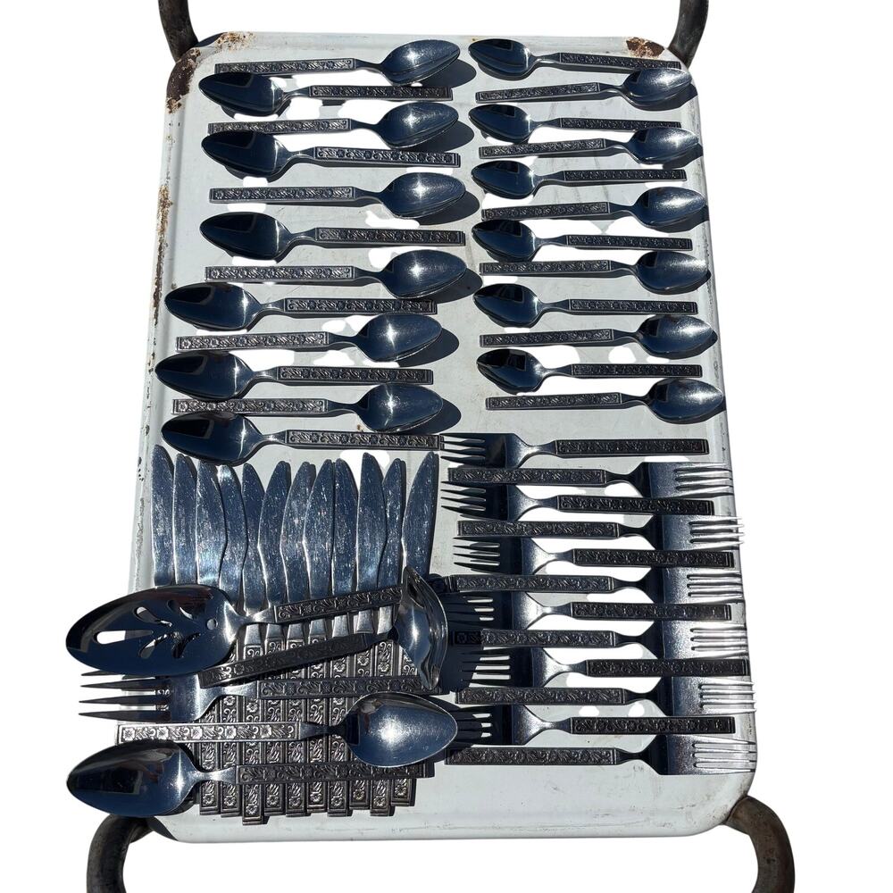 Vintage Gold Standard Night Blossom 53 Pc Stainless Steel Silverware Set Japan